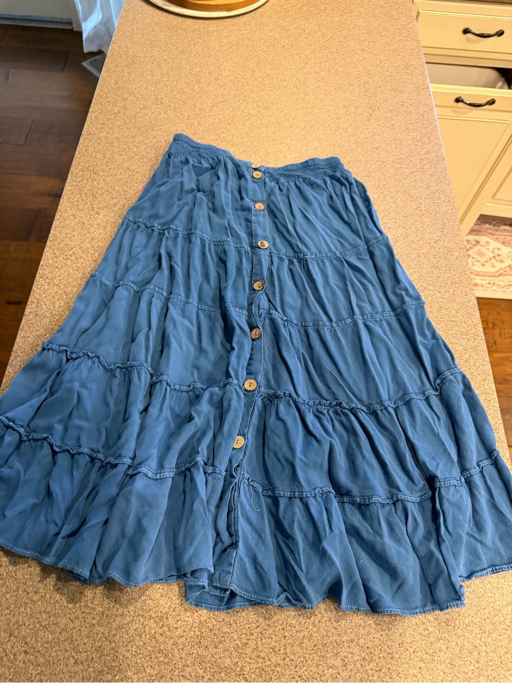 Mlle Gabrielle Denim-Blue Tiered Button Maxi Skirt